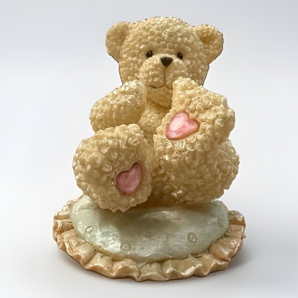 Vintage White Bear With Pink Heart Paws On Blue Cushion Figurine